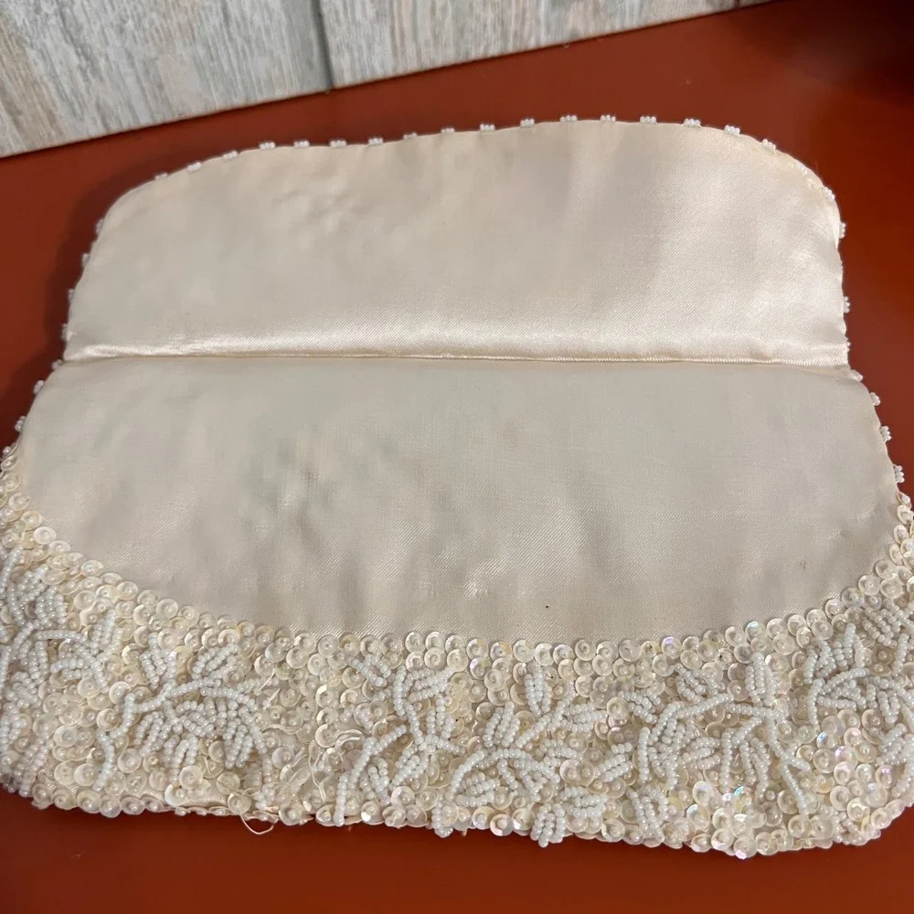 Vintage Ivory Beaded Sequin Satin Clutch Bag Evening Wedding Bridal Cream 9x5